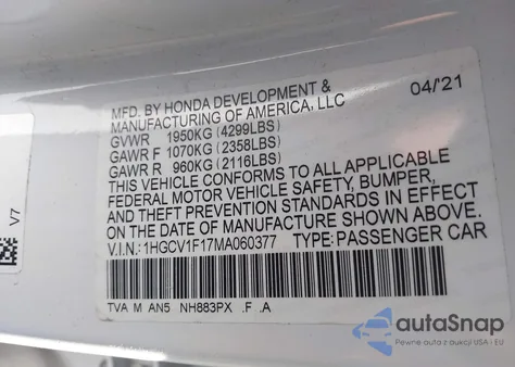 2021 Honda Accord Lx из США, поврежденный, VIN 1HGCV1F17MA060377